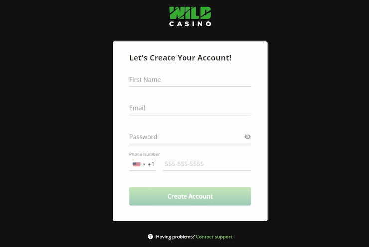 Wild Casino regsitration application