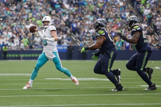 Miami Dolphins quarterback Skylar Thompson (19) passes against the Seattle Seahawks.