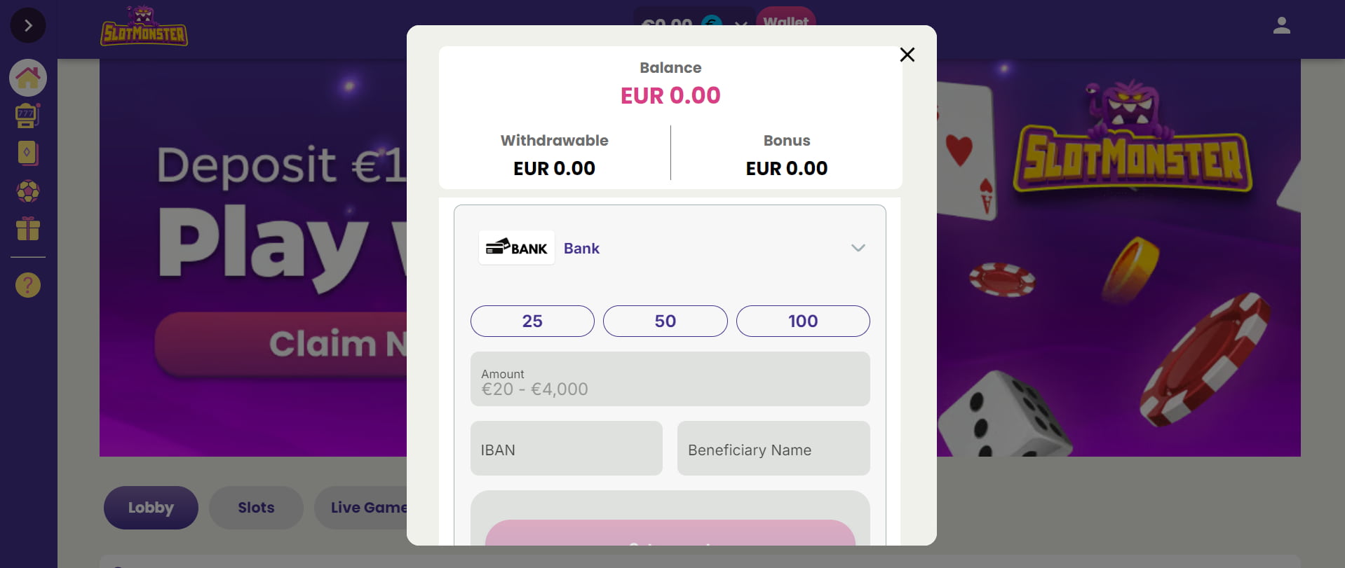 SlotMonster review bank transfer withdrawal