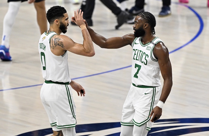 Boston Celtics forward Jayson Tatum (0) and guard Jaylen Brown (7).