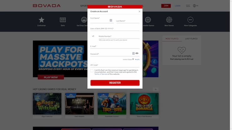 Bovada signup form