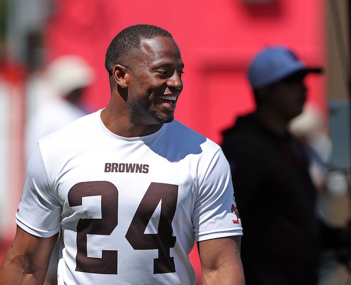 Browns running back Nick Chubb is all smiles on the sideline during minicamp.