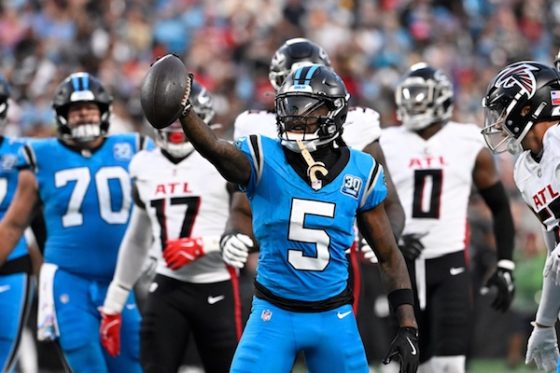 Carolina Panthers wide receiver Diontae Johnson (5) reacts.