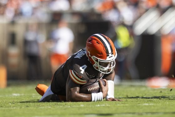 Cleveland Browns quarterback Deshaun Watson (4) falls to the ground.