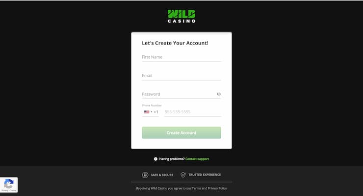 Wild Casino sign up form