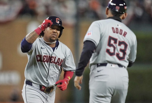 Guardians' Jose Ramirez bats a solo home run.