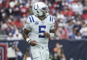 Indianapolis Colts quarterback Anthony Richardson (5) jogs off the field.