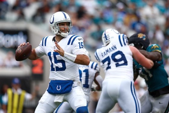 Indianapolis Colts quarterback Joe Flacco (15) drops back to pass against the Jacksonville Jaguars.