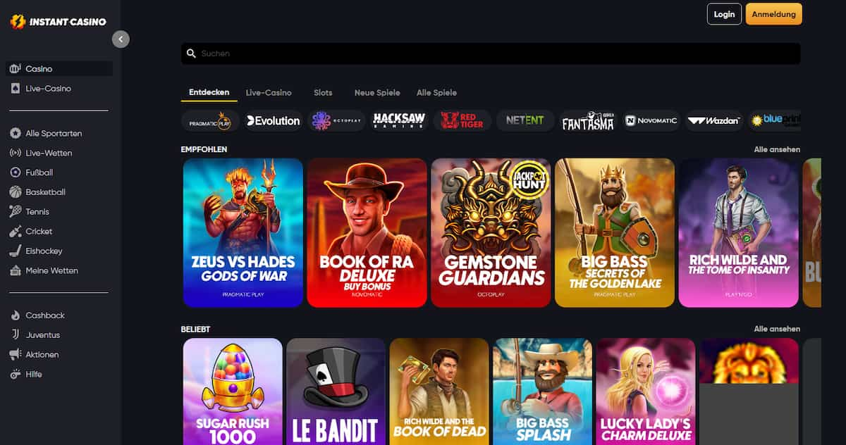 Instant Casino review homepage