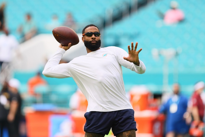 Miami Dolphins wide receiver Odell Beckham Jr. (3) throws the football.