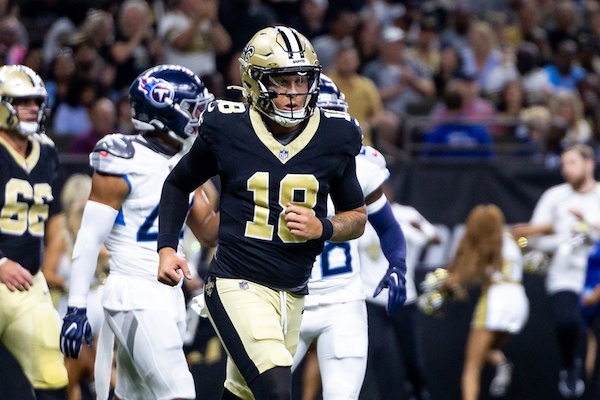 New Orleans Saints quarterback Spencer Rattler (18).