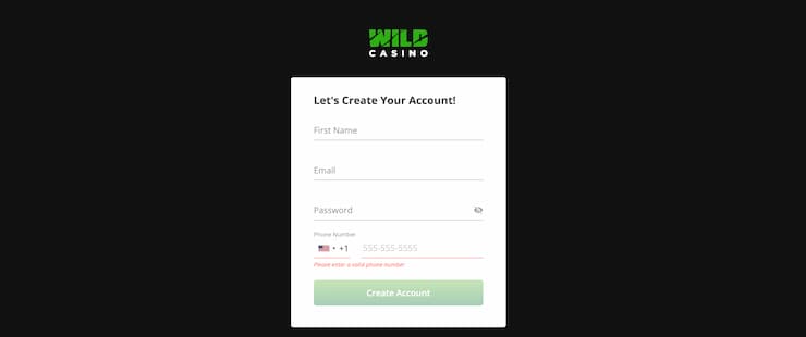 Wild Casino account creation page