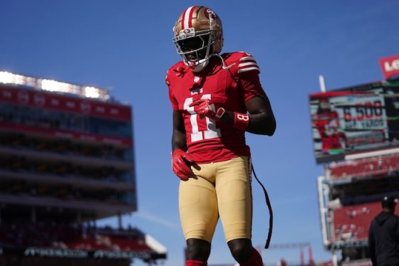 San Francisco 49ers wide receiver Brandon Aiyuk (11) walks on the field.