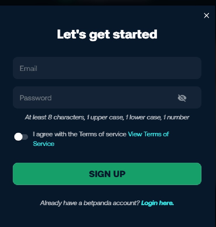 Betpanda sign up form to register at this new online casino