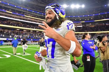 Los Angeles Rams wide receiver Puka Nacua celebrates the victory.