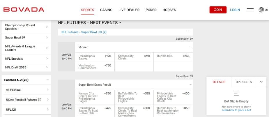 super bowl odds 2025 bovada